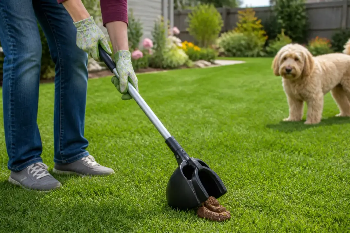 Une personne utilise une pelle pour ramasser des crottes de chien dans un jardin verdoyant. Un chien blond regarde au loin.