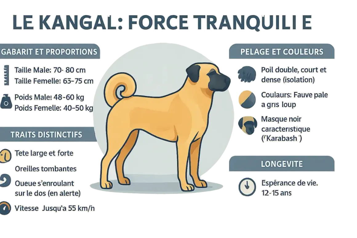 Le Kangal, un chien puissant et imposant, peut sembler dangereux mais est décrit comme calme. Il a un pelage fauve pâle, un masque noir et une queue enroulée.