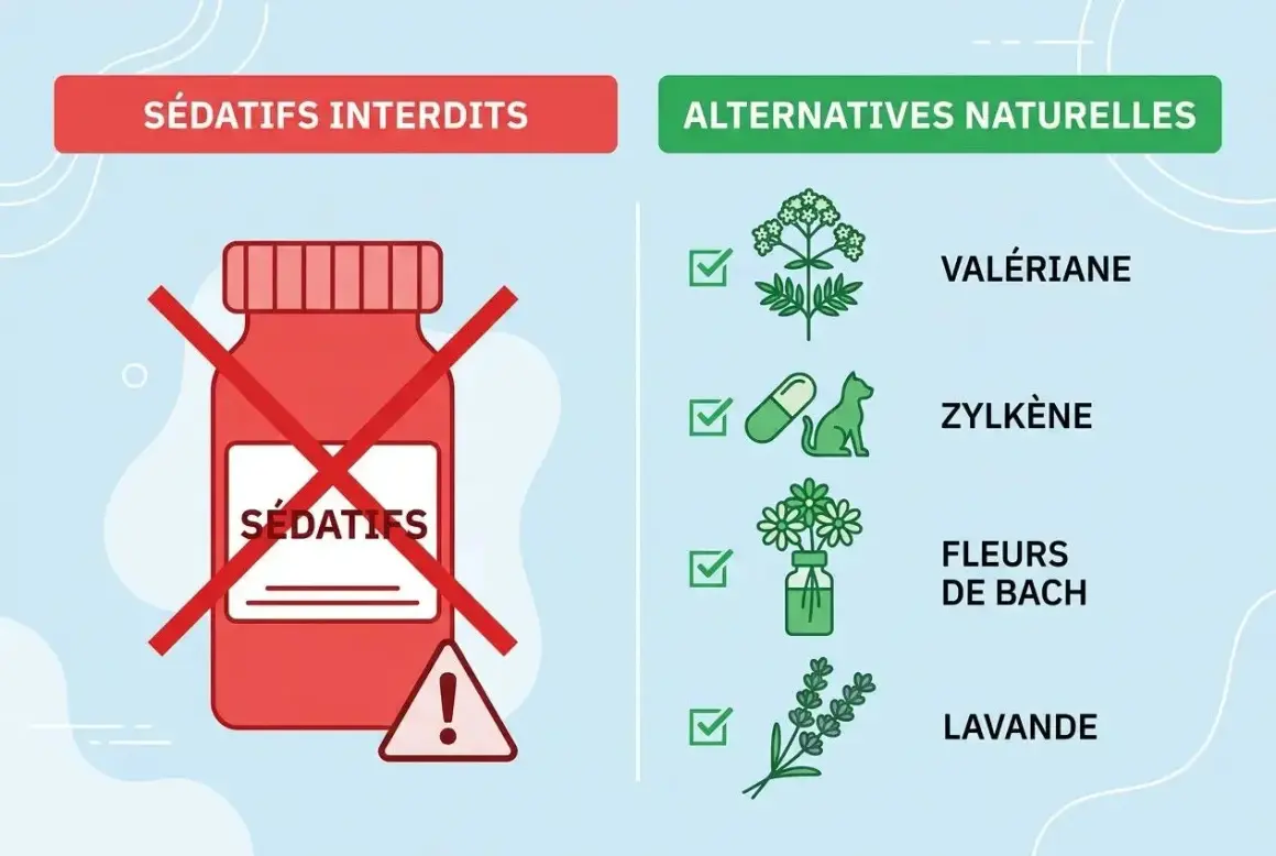 Sédation interdite pour un chien en avion. Alternatives naturelles : valériane, zylkène, fleurs de Bach, lavande.