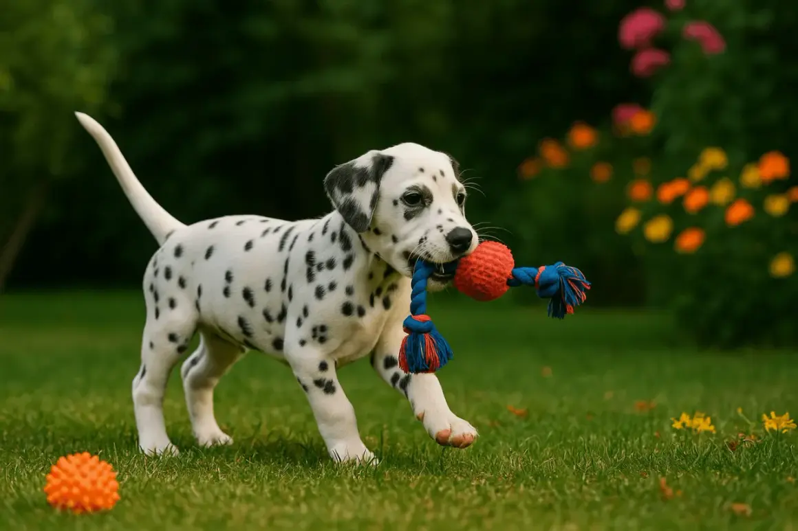 Un adorable dalmatien chiot joue avec une balle rouge et bleue dans l'herbe verte.