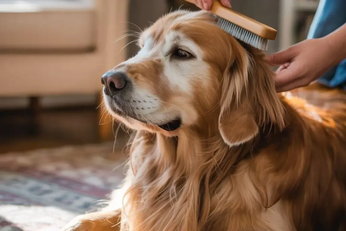 Un golden retriever se fait brosser la tête avec un **démêloir chien**. La lumière du soleil illumine son pelage doré.