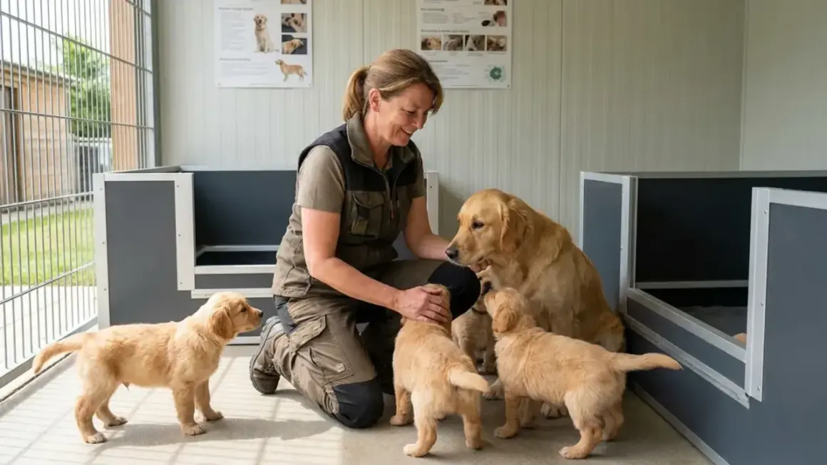 Une femme interagit avec une mère Golden Retriever et ses chiots. Une belle scène pour comprendre comment devenir éleveur de chien.