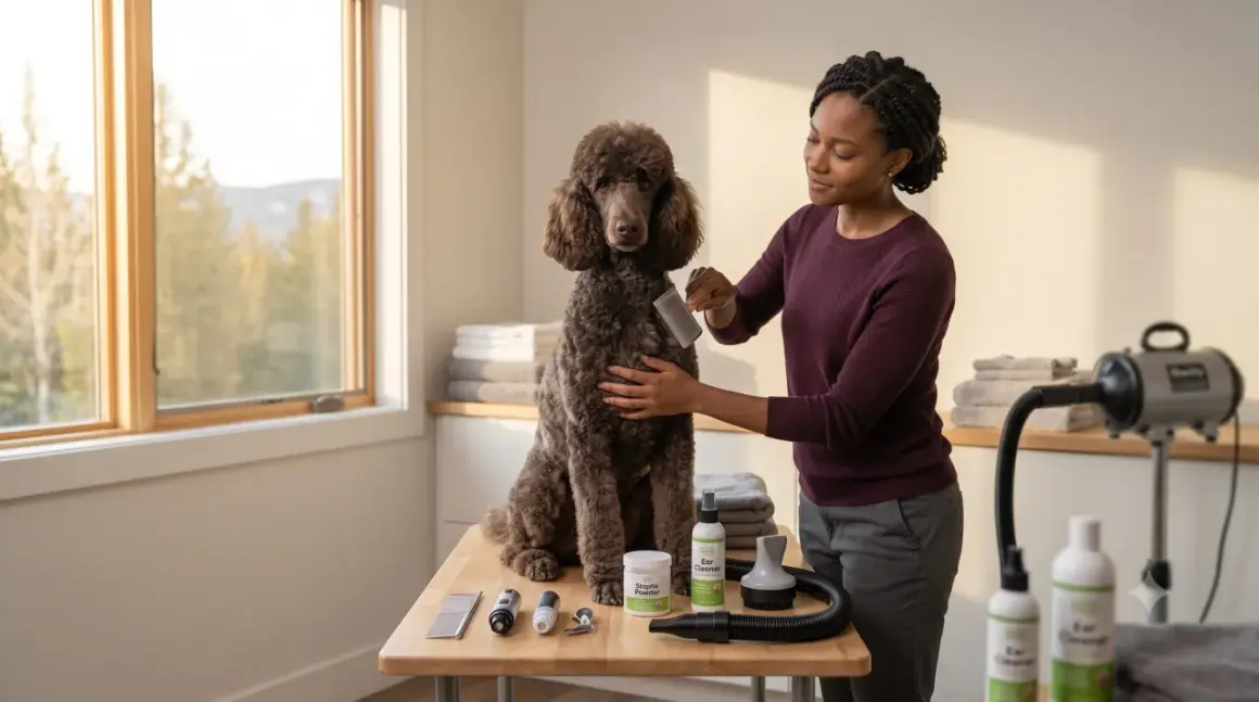 Une femme brosse un caniche brun sur une table, entourée d'accessoires de toilettage pour chien, dont un sèche-cheveux et des produits pour les oreilles.