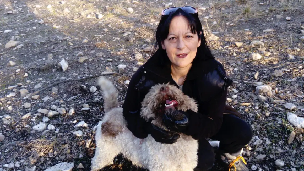 Une femme accroupie montre une truffe trouvée par son chien truffier. Le chien, un Lagotto romagnolo, tient la truffe dans sa gueule.
