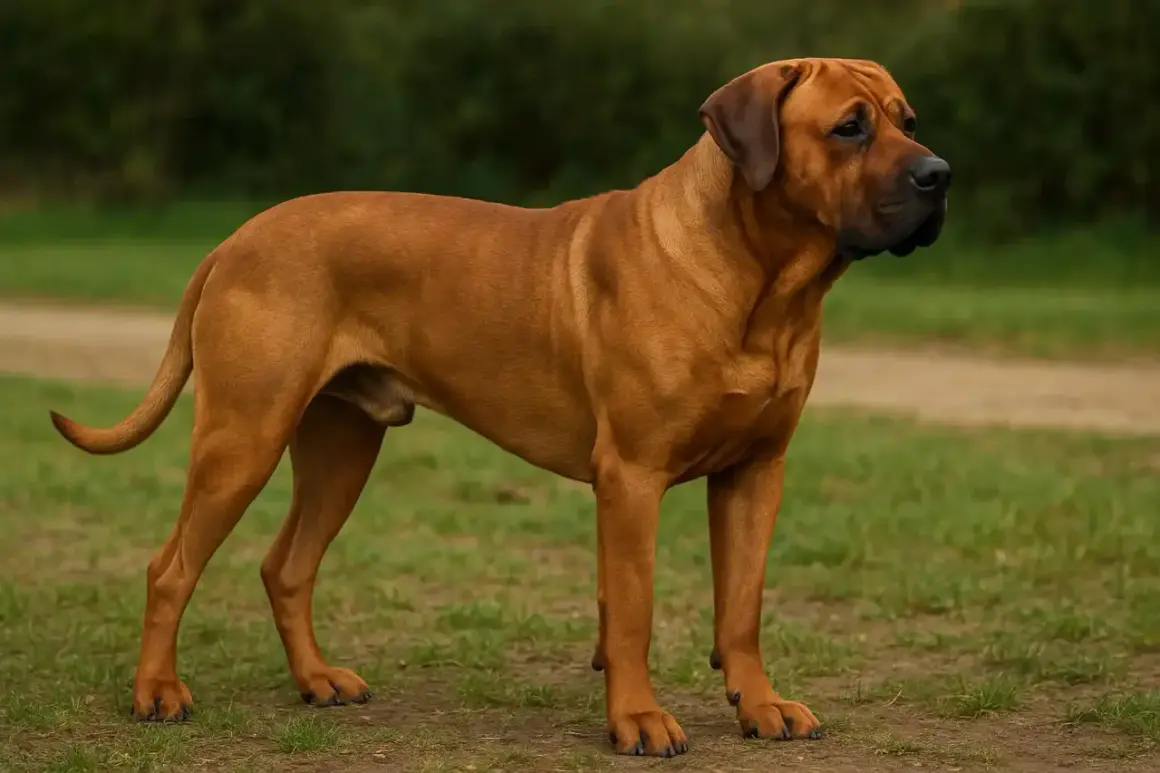 Un majestueux chien Tosa, au pelage fauve, se tient fièrement sur l'herbe, le regard tourné vers l'horizon.