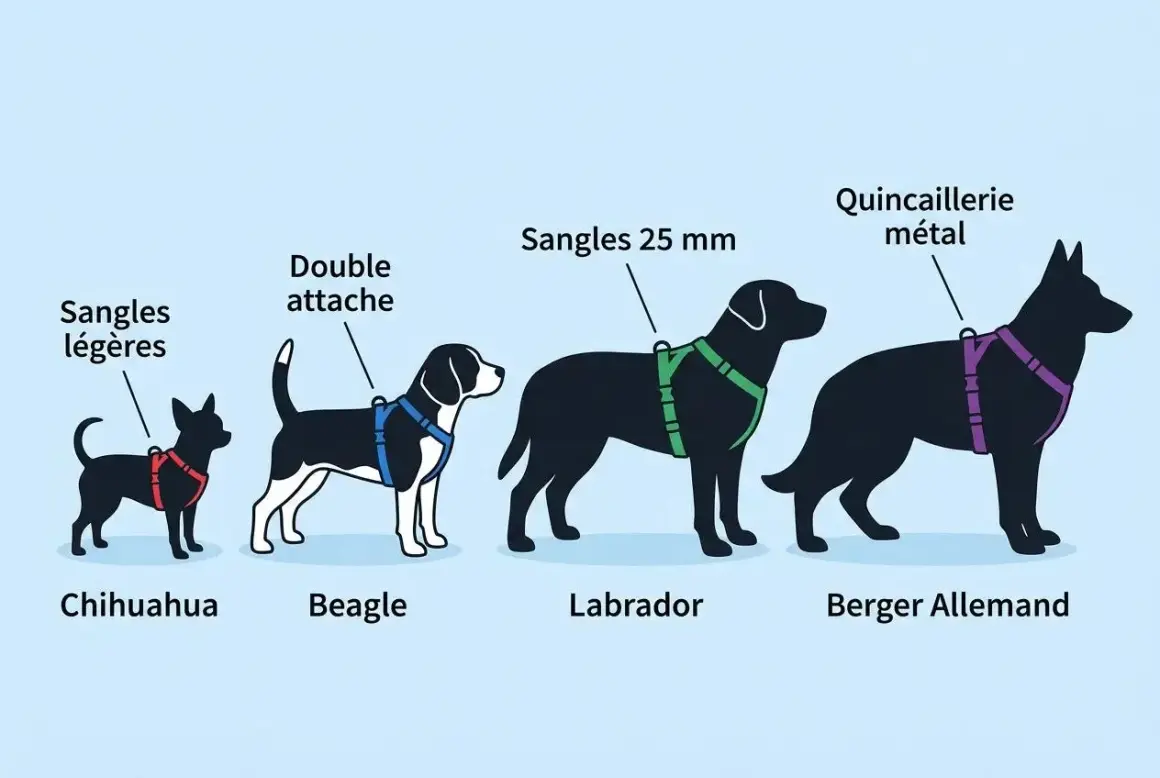 Chihuahua, Beagle, Labrador, Berger Allemand : quel harnais pour chien choisir ? Illustration montrant différents modèles de harnais adaptés à chaque race.