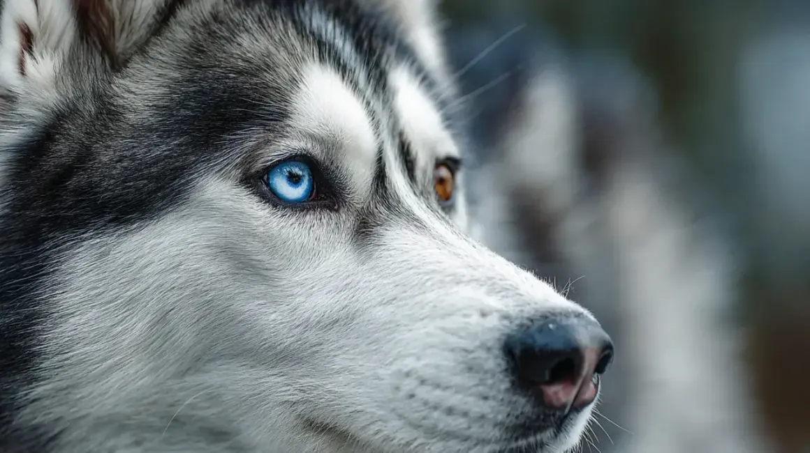 Gros plan sur le visage d'un husky, un œil bleu perçant et l'autre marron. Un aperçu de comment voit un chien, attentif au monde.