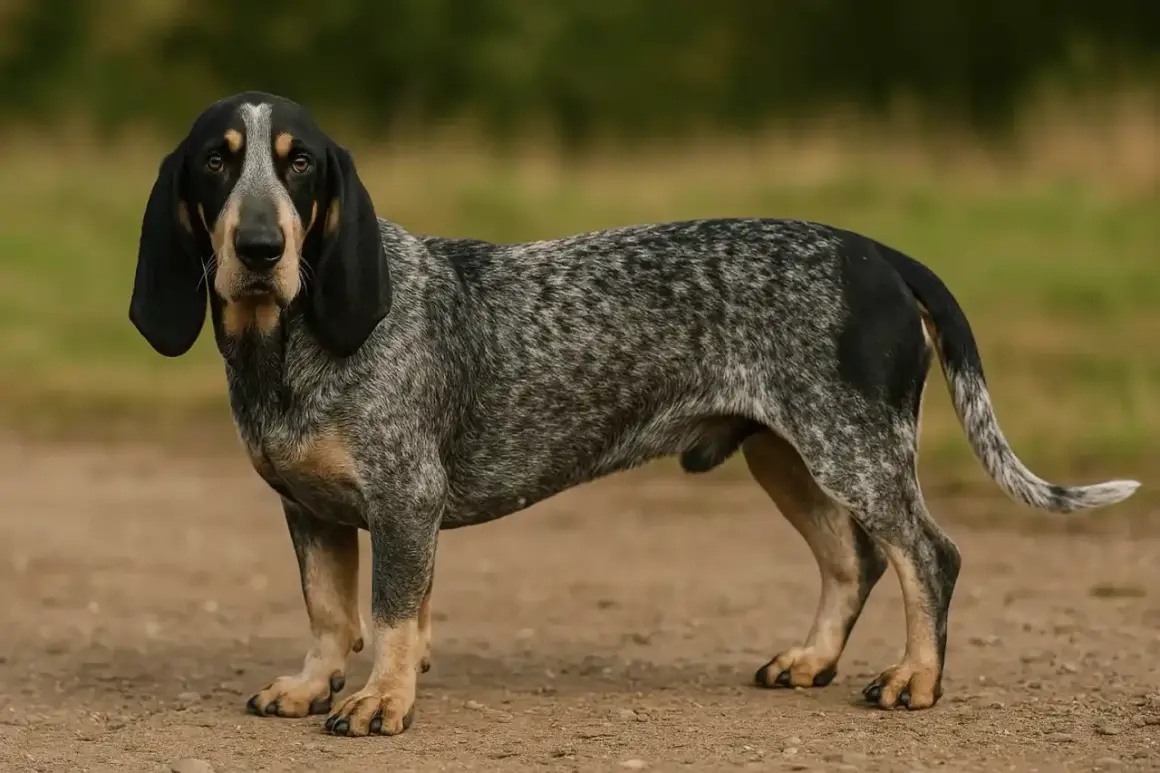 Un magnifique basset bleu de Gascogne, au pelage moucheté et aux longues oreilles tombantes, se tient fièrement sur un chemin de terre.