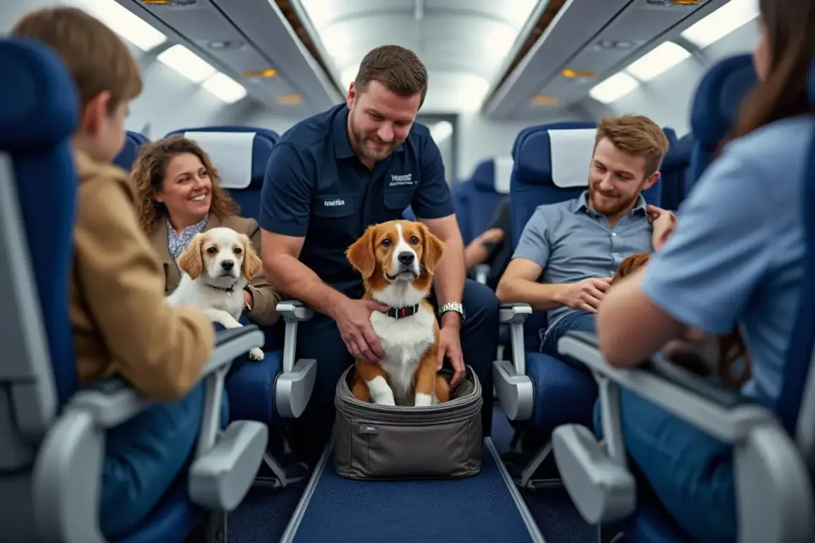 Un membre d'équipage aide des passagers avec leurs chiens à bord d'un avion. Un chien est dans un sac de transport, un autre est sur les genoux d'une passagère. Voyage en **air caraïbes chien**.