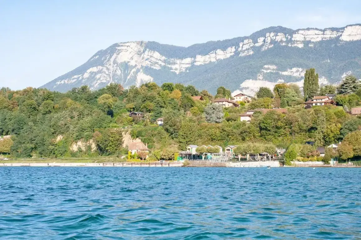 Vue sur le lac du Bourget, avec des maisons sur la colline verdoyante. Un chien court sur la plage, profitant de la journée.