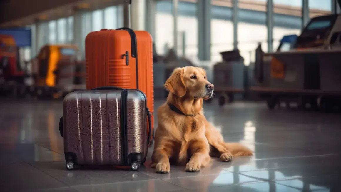 Un chien golden retriever attend patiemment à l'aéroport Charles de Gaulle, à côté de deux valises.