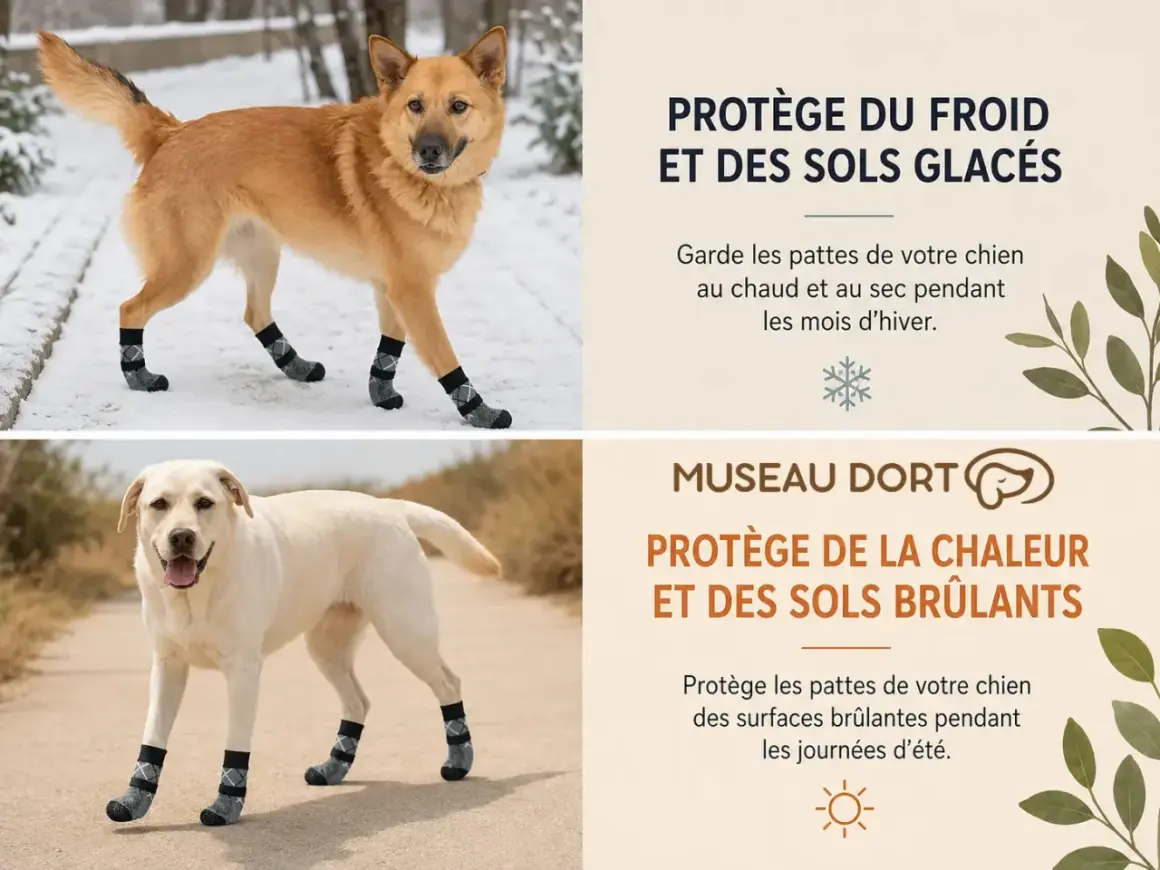 Chien en chaussette pour chien sur la neige et un autre sur un chemin chaud. Protège du froid et de la chaleur.