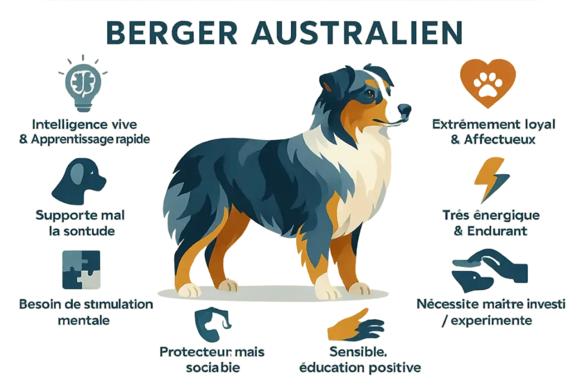Berger Australien : intelligent, loyal, énergique. Son éducation positive demande un maître investi.