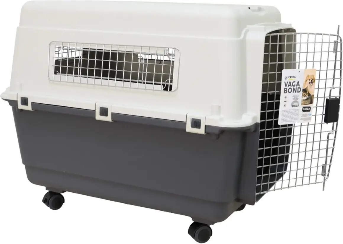 Grande cage de transport pour chien XXL, homologuée IATA, avec roulettes et porte métallique. Idéale pour les voyages de votre compagnon.