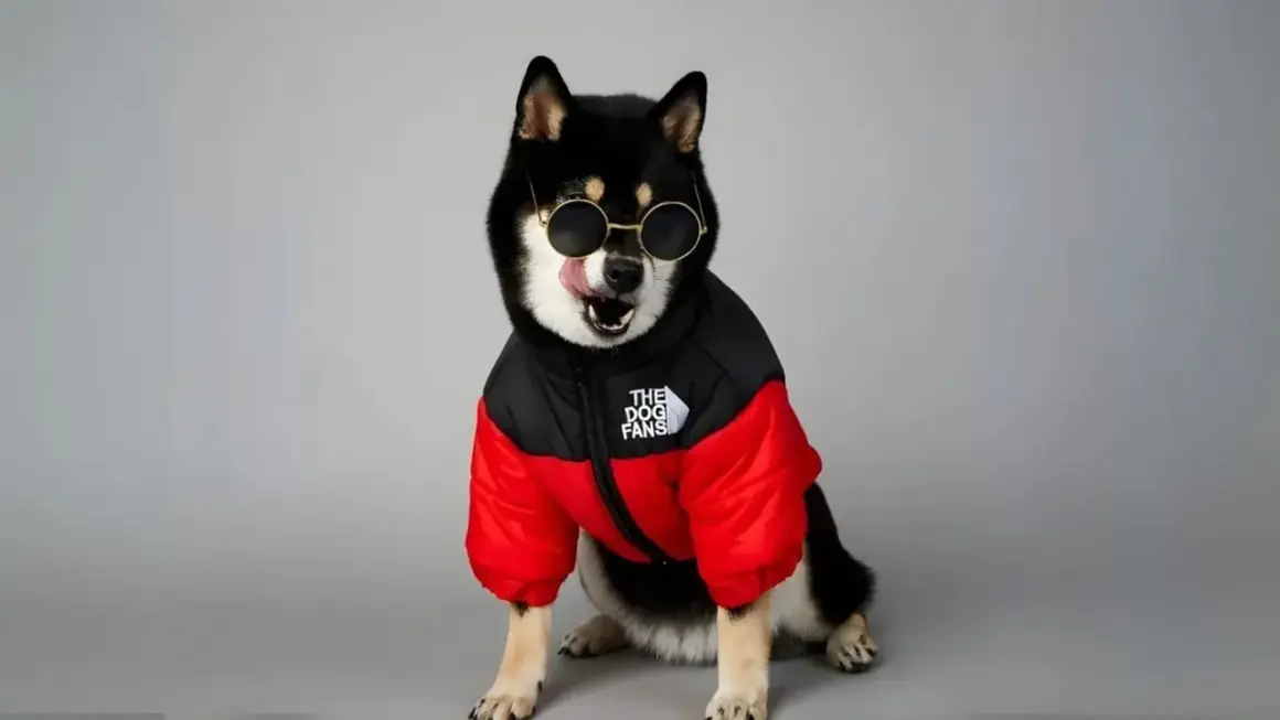 Un Shiba Inu noir et feu porte des lunettes de soleil rondes et un manteau pour gros chien rouge et noir.