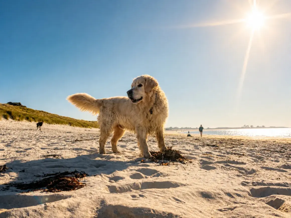 Un golden retriever profite d'une plage autorisée aux chiens dans le Finistère Sud, sous un soleil éclatant.