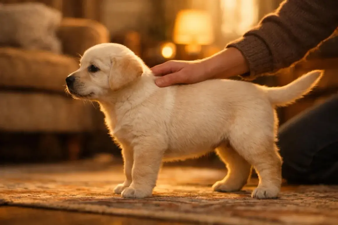 Un chiot labrador doré reçoit une caresse, un moment doux pour réfléchir à comment choisir les meilleures croquettes pour lui.