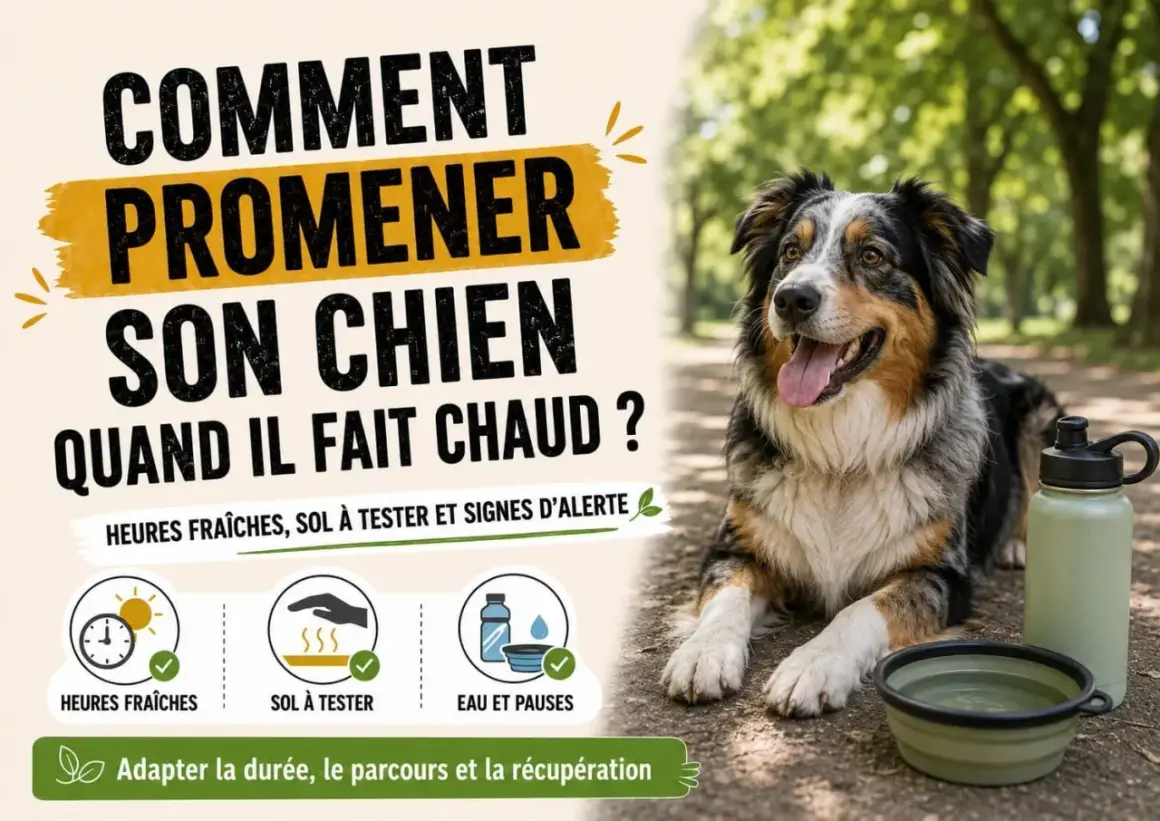 Un chien heureux profite de l'été, avec des conseils pour le promener par temps chaud : heures fraîches, sol à tester et pauses eau.