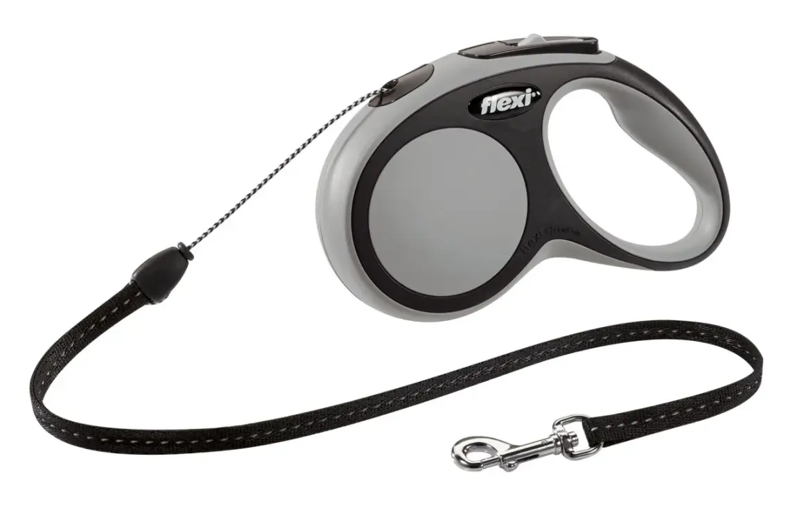 Laisse enrouleur Flexi grise et noire, avec cordon et mousqueton. Idéale pour les promenades de votre chien.