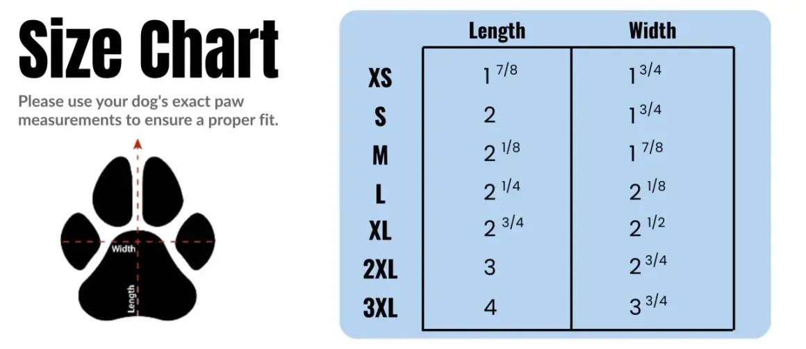 Tableau de guide taille chaussure chien avec mesures de longueur et largeur pour tailles XS à 3XL.