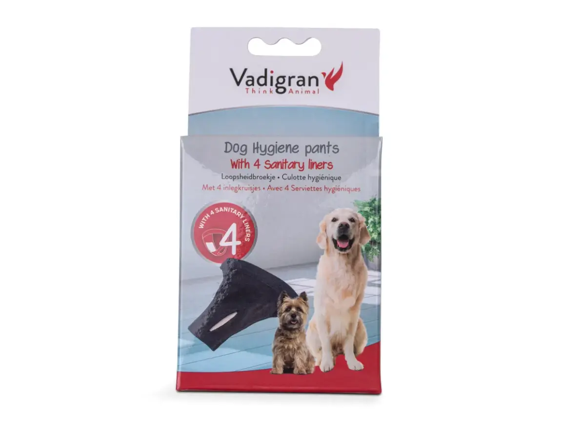 Emballage de slip pour chien Vadigran avec 4 serviettes hygiéniques. Deux chiens, un golden retriever et un terrier, posent devant.