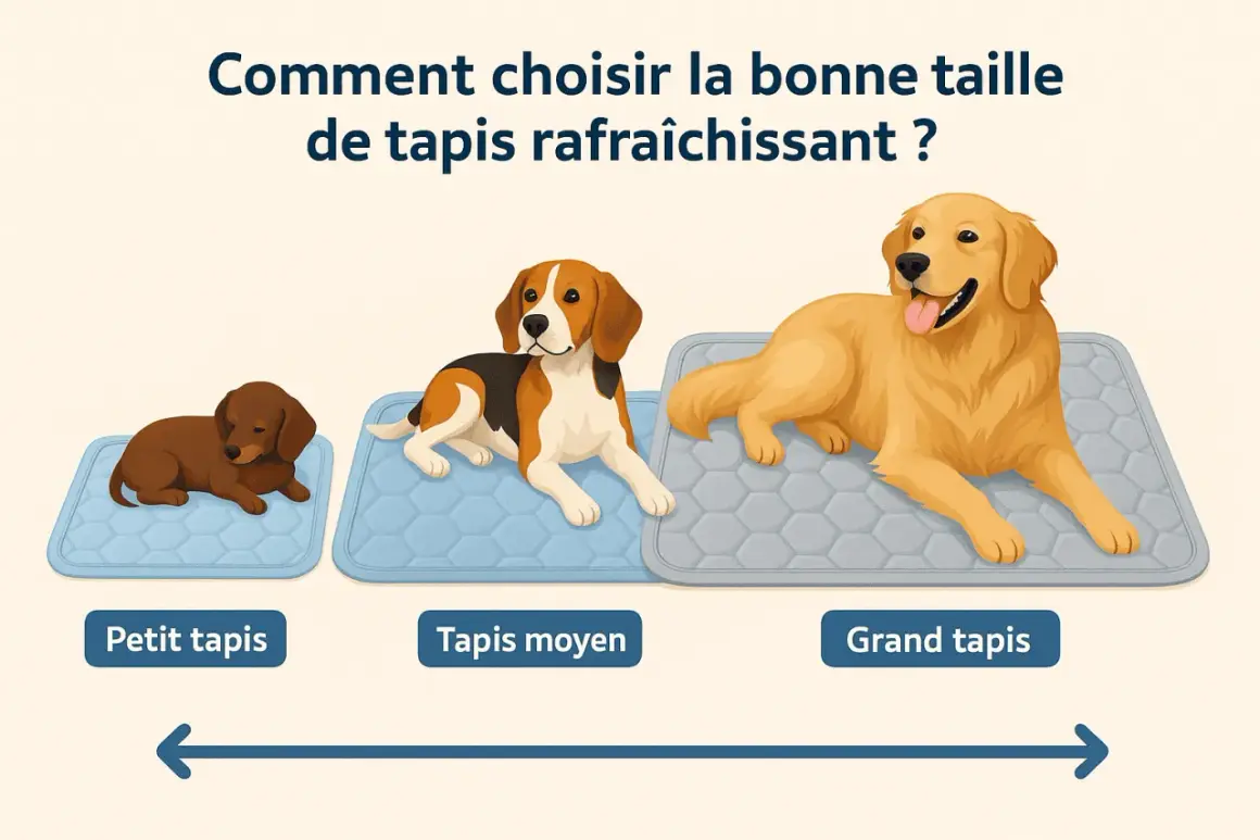 Trois chiens de tailles différentes sur des tapis rafraîchissants sans gel : petit, moyen et grand.