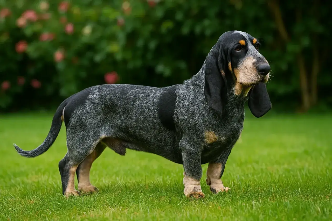 Un chien Basset bleu de Gascogne, au pelage moucheté, se tient fièrement sur l'herbe verte.