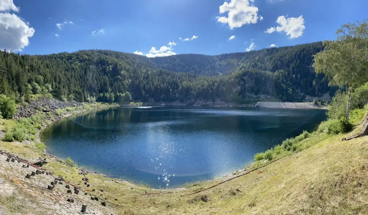 Lac paisible entouré de forêts verdoyantes, idéal pour une randonnée dans les Vosges. Le soleil brille sur l'eau bleue.