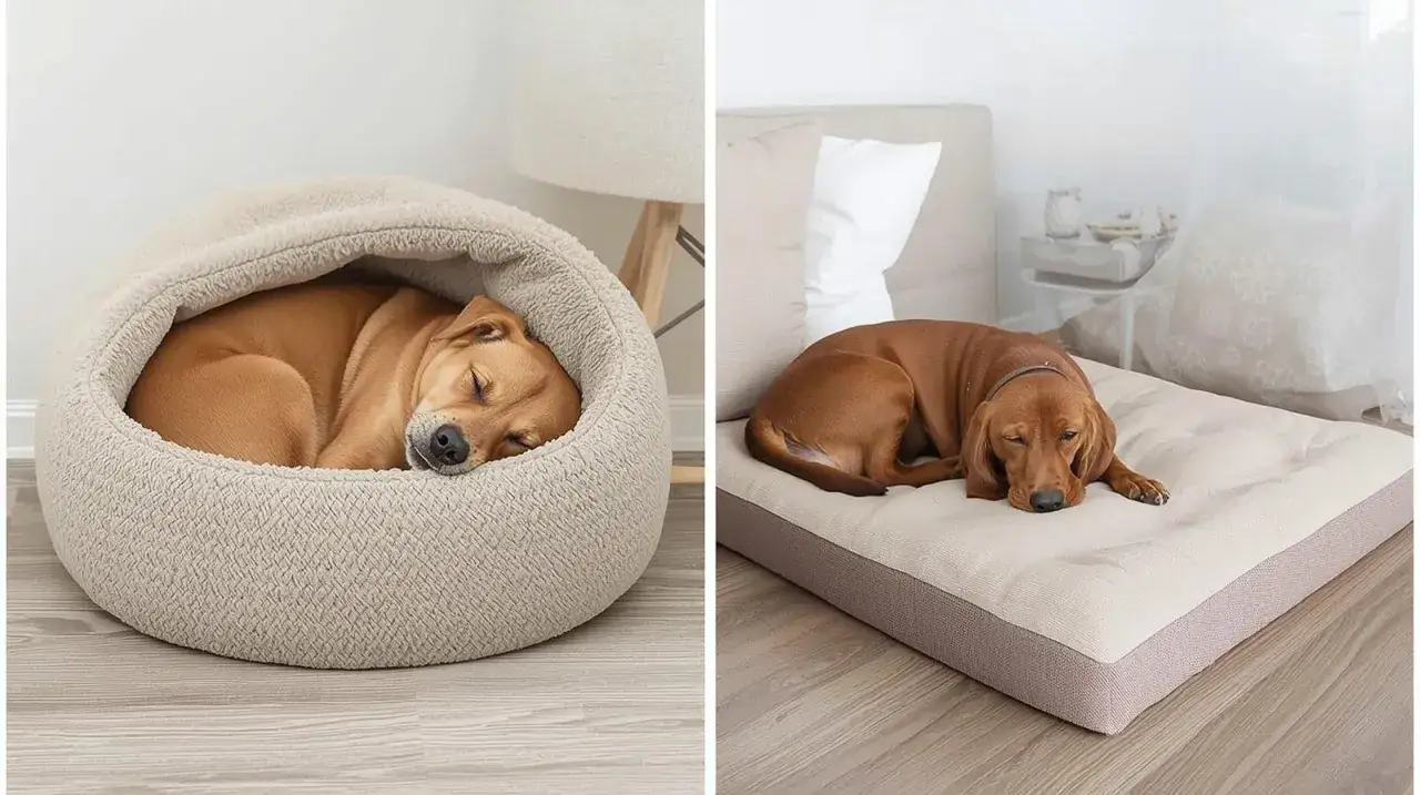 Chien brun endormi dans un panier douillet, idéal comme panier pour chien incontinent. Un autre chien se repose sur un matelas confortable.