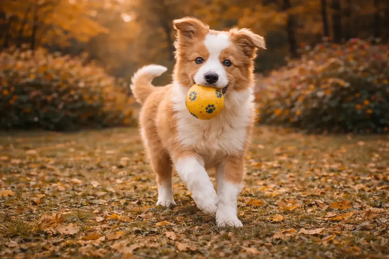 Adorable border collie chiot 2 mois, tout fier avec sa balle jaune, court dans un parc automnal.