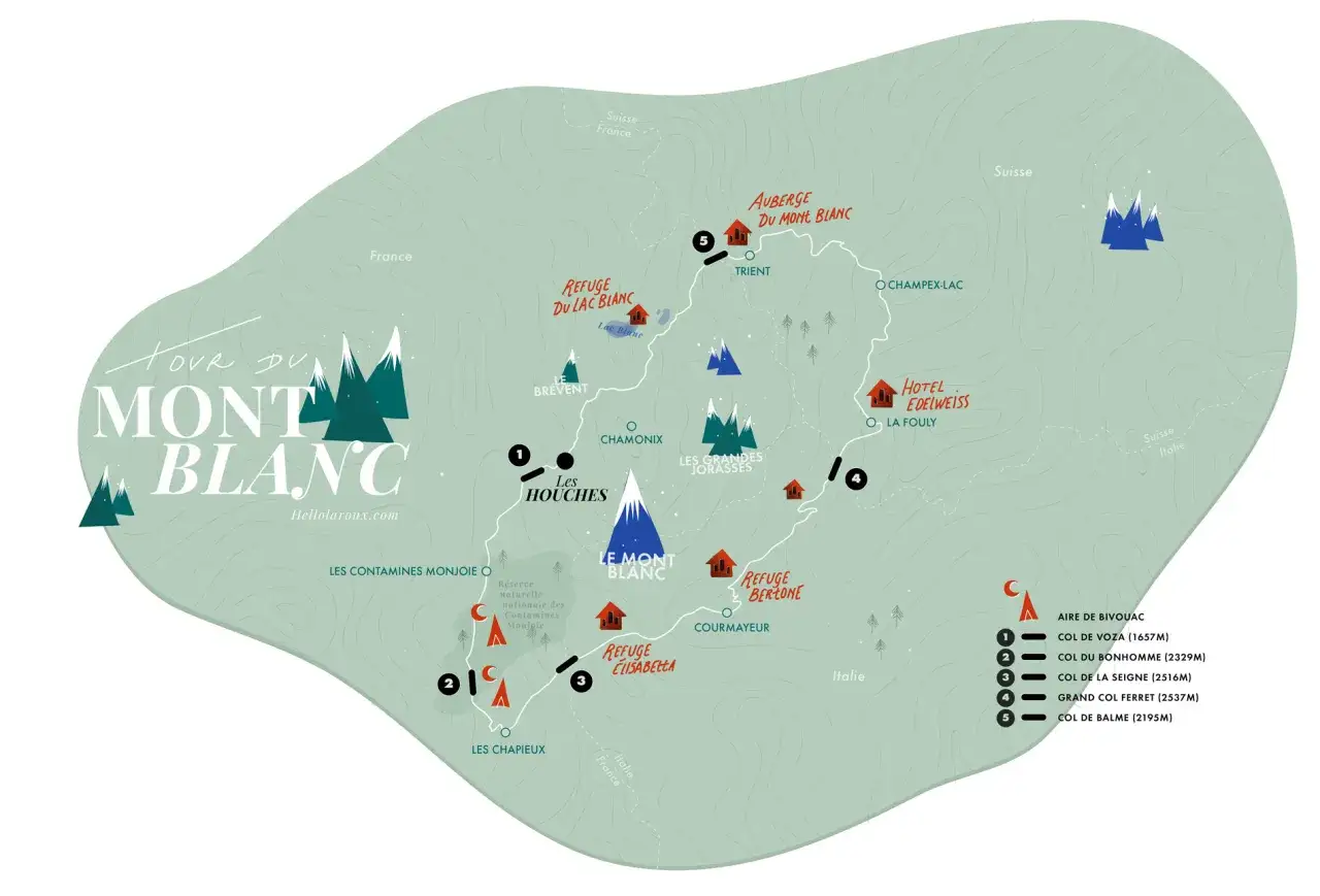 Carte stylisée du tracé du Tour du Mont Blanc, avec refuges, cols et villes.