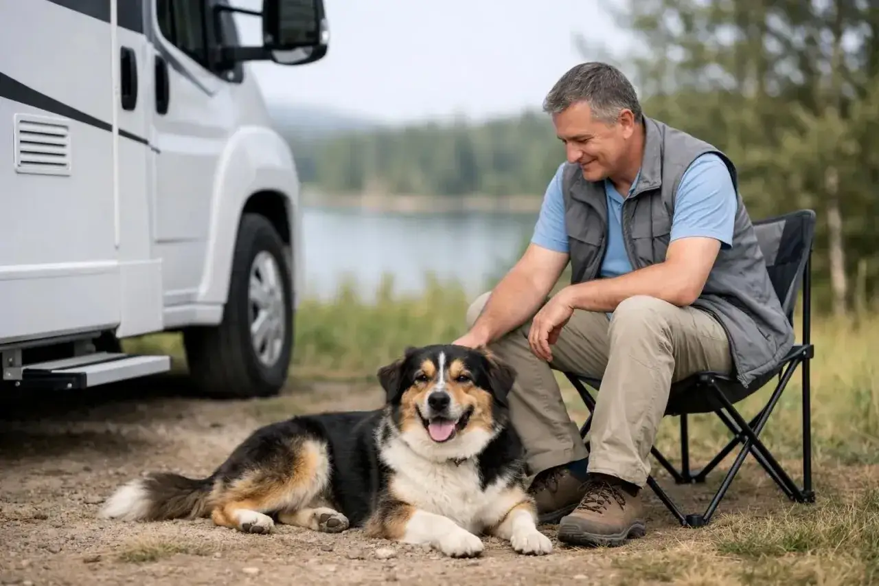 Un homme caresse son chien près d'un camping-car, profitant d'un moment paisible au bord d'un lac.