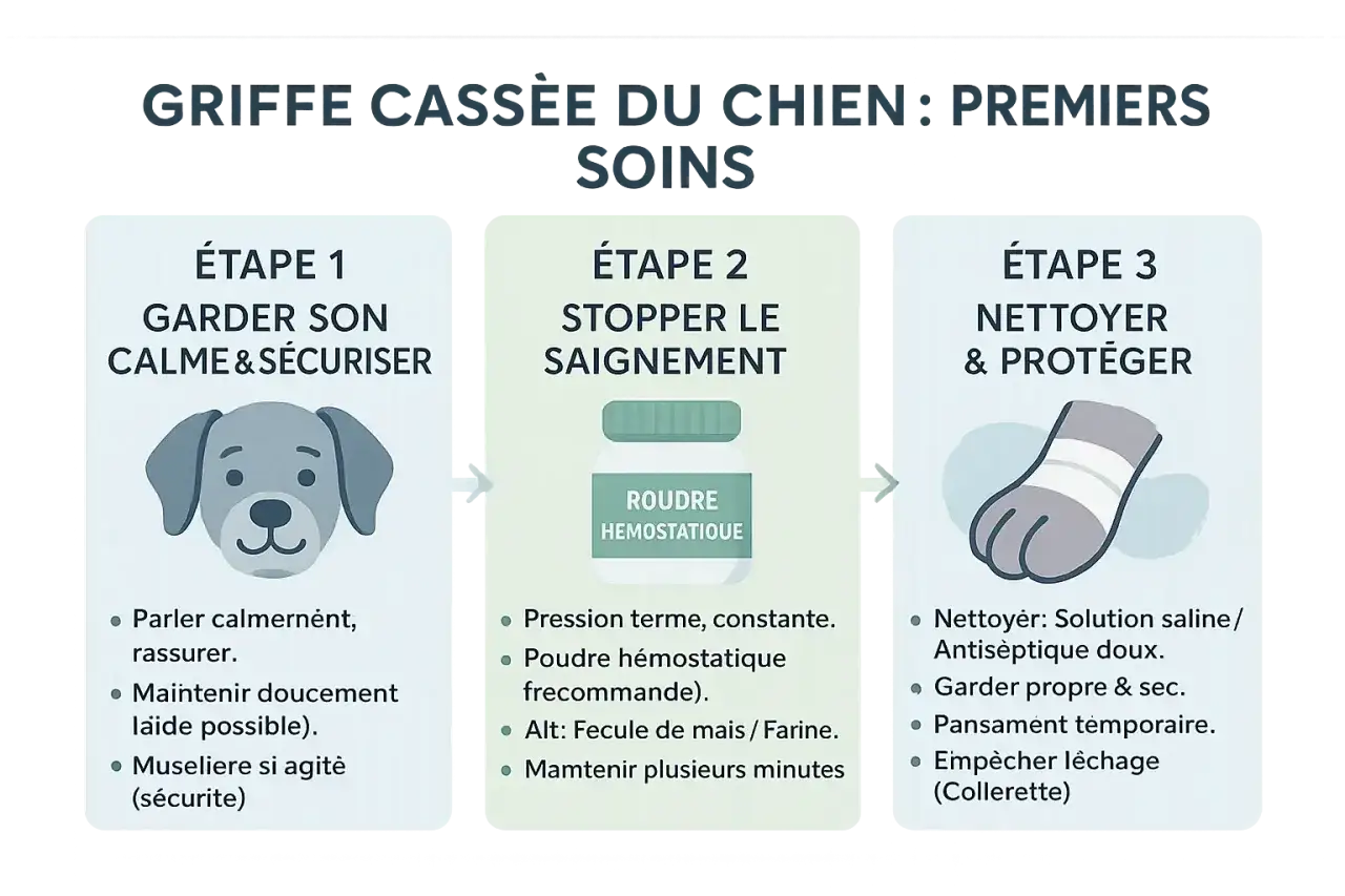 Guide pour soigner une griffe de chien à vif : garder son calme, stopper le saignement avec poudre hémostatique, puis nettoyer et protéger la patte.