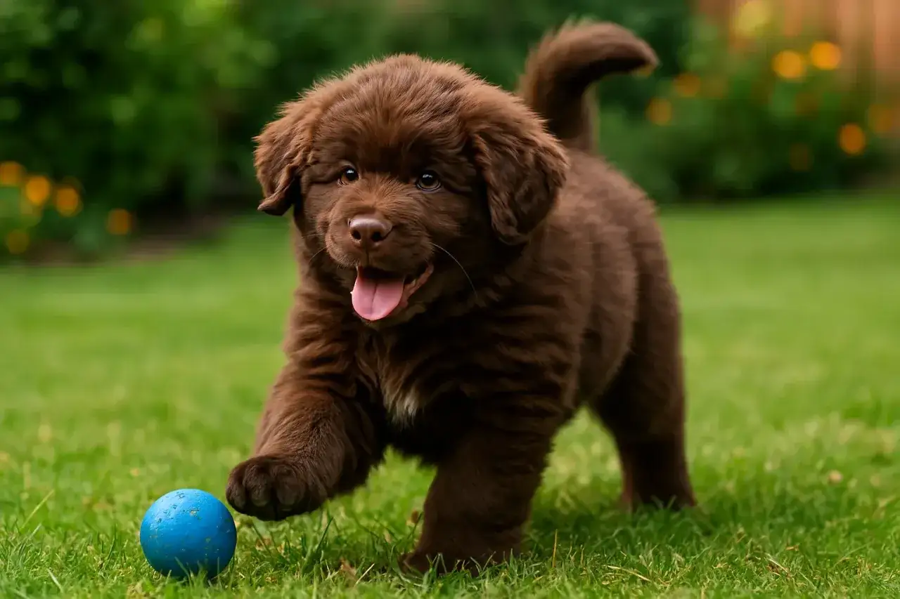 Un chiot Terre-Neuve brun joue avec une balle bleue sur l'herbe. Sa taille est encore petite, mais il promet d'&ecirc;tre un grand chien.