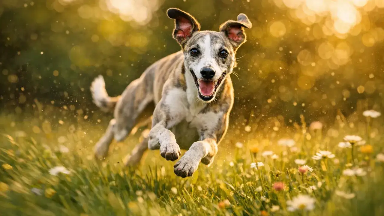 Un levrier whippet, le museau en avant, court joyeusement dans un champ fleuri baign&eacute; de soleil.