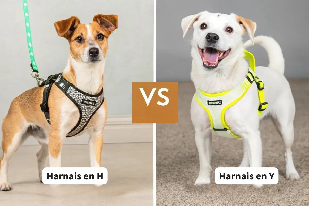 Chien brun et blanc avec un harnais en H, comparé à un chien blanc souriant portant un harnais en Y.