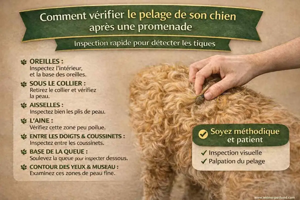 Main d'une personne retirant une tique du pelage d'un chien. Guide pour savoir comment v&eacute;rifier son chien et si peut on attraper les tiques de son chien.