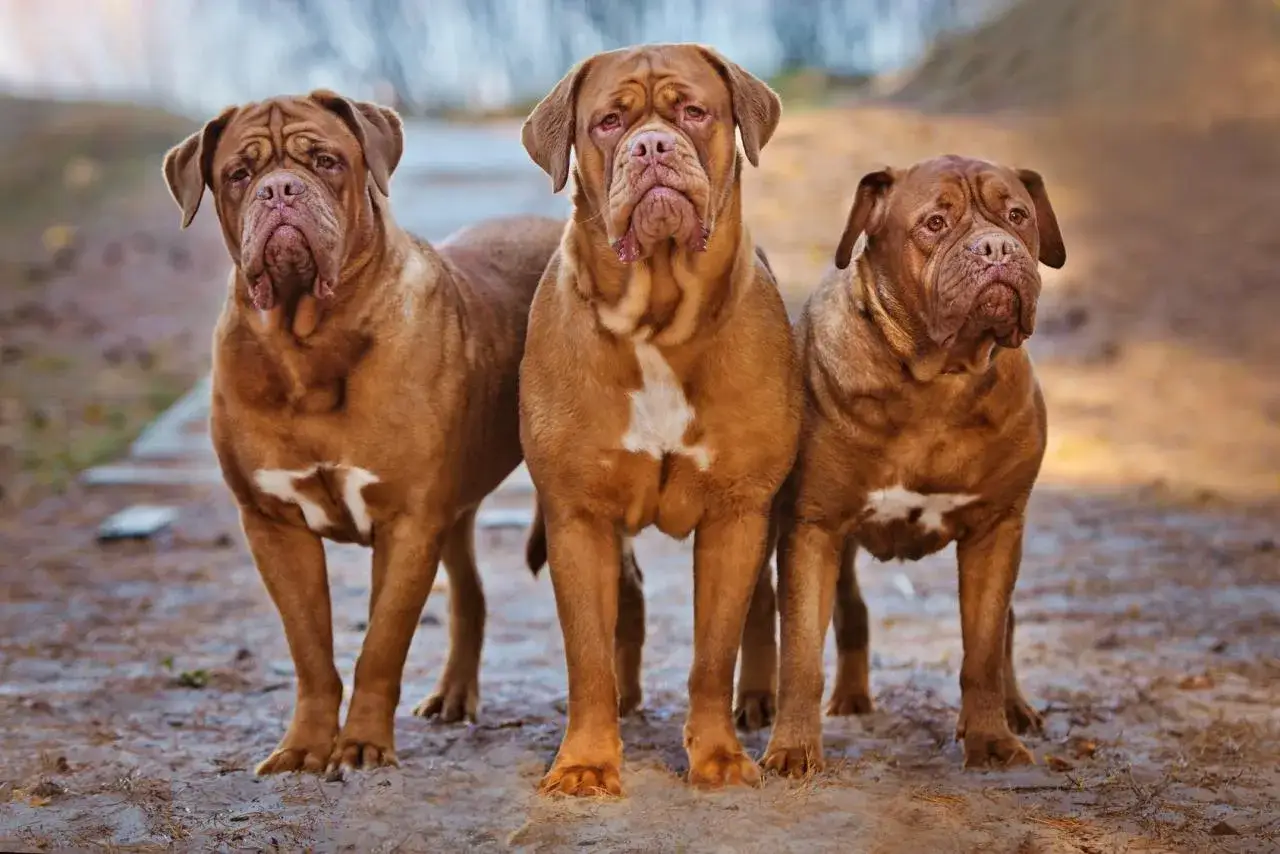 Trois dogues de Bordeaux, au pelage fauve et au regard mélancolique, posent ensemble sur un chemin de terre.