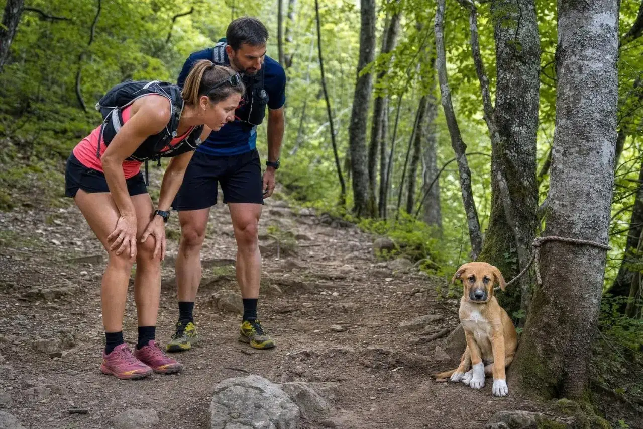 Un couple de traileurs s'arrête sur un sentier forestier pour observer un chiot attaché à un arbre. C'est ça, le trail !