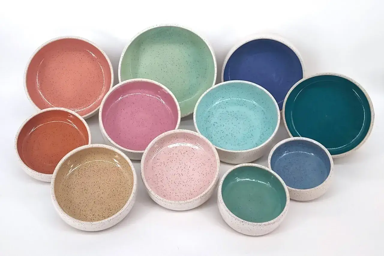 Collection de gamelles en céramique aux couleurs vives et variées, parsemées de petits points sombres.