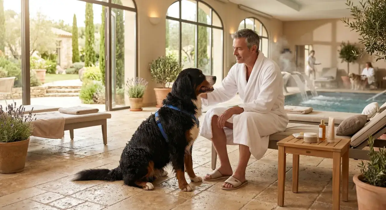 Un homme en peignoir profite d'une cure thermale avec son chien, un moment de détente partagé dans un cadre luxueux.