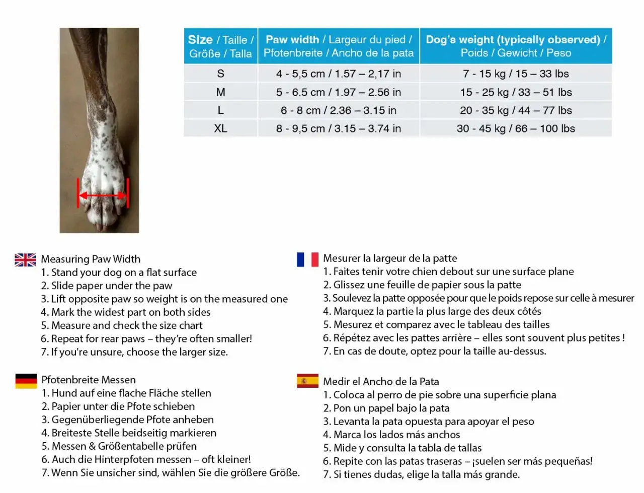 Tableau de guide taille chaussure chien avec mesures de patte et poids. Instructions pour mesurer la largeur de la patte de votre chien.
