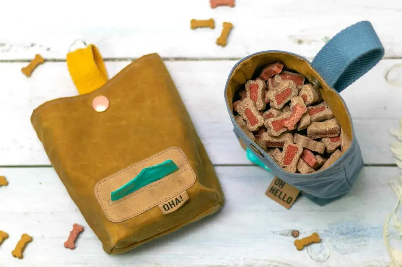 Deux sacs &agrave; friandises pour chien, un jaune moutarde avec distributeur de sacs, et un bleu rempli de biscuits. Id&eacute;al pour savoir comment faire un sac ventral pour chien.