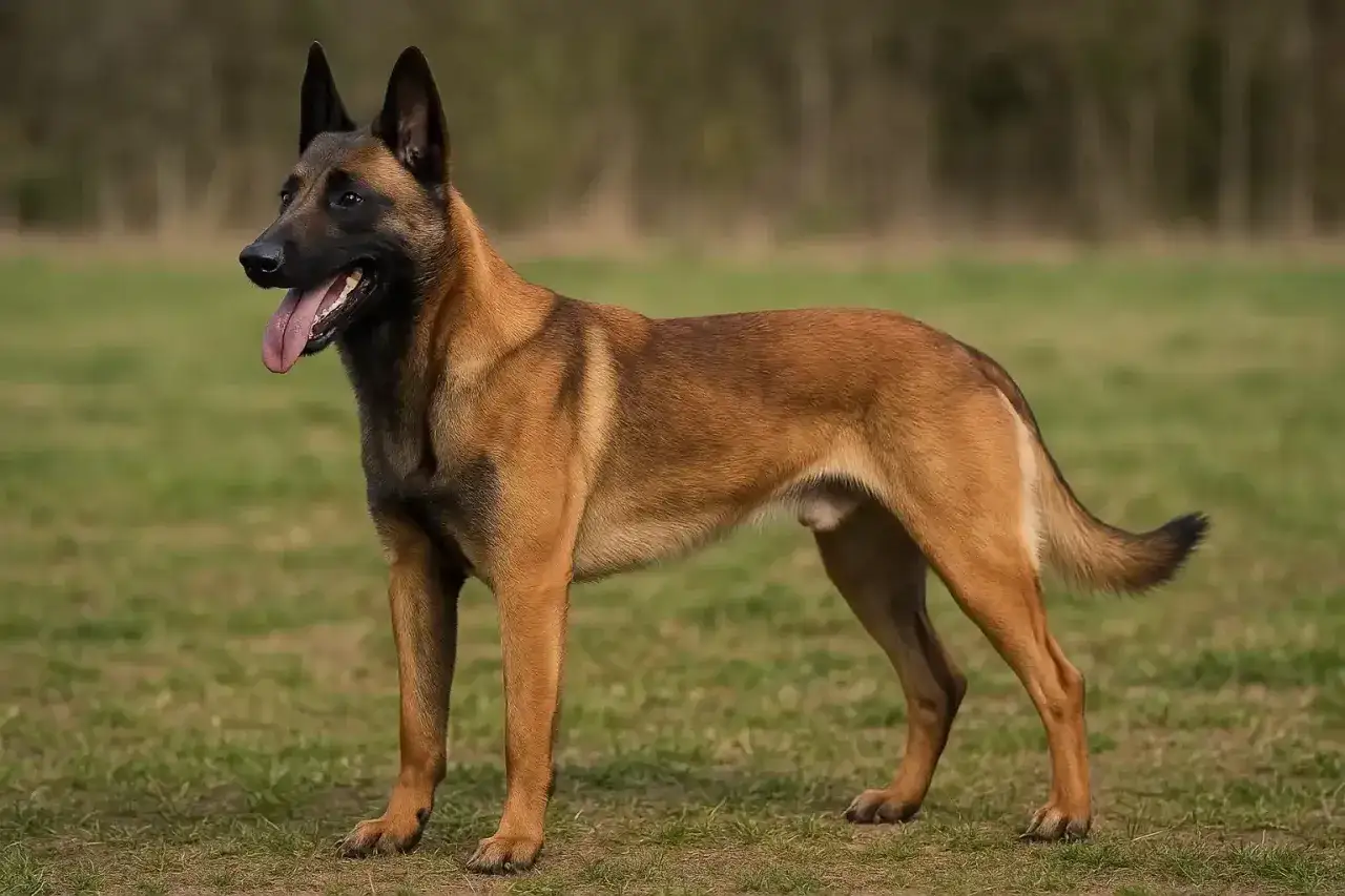 Un Malinois fier, langue sortie, sur une pelouse. Son énergie débordante est son atout, mais sa sensibilité à la chaleur peut être un point faible du Malinois.