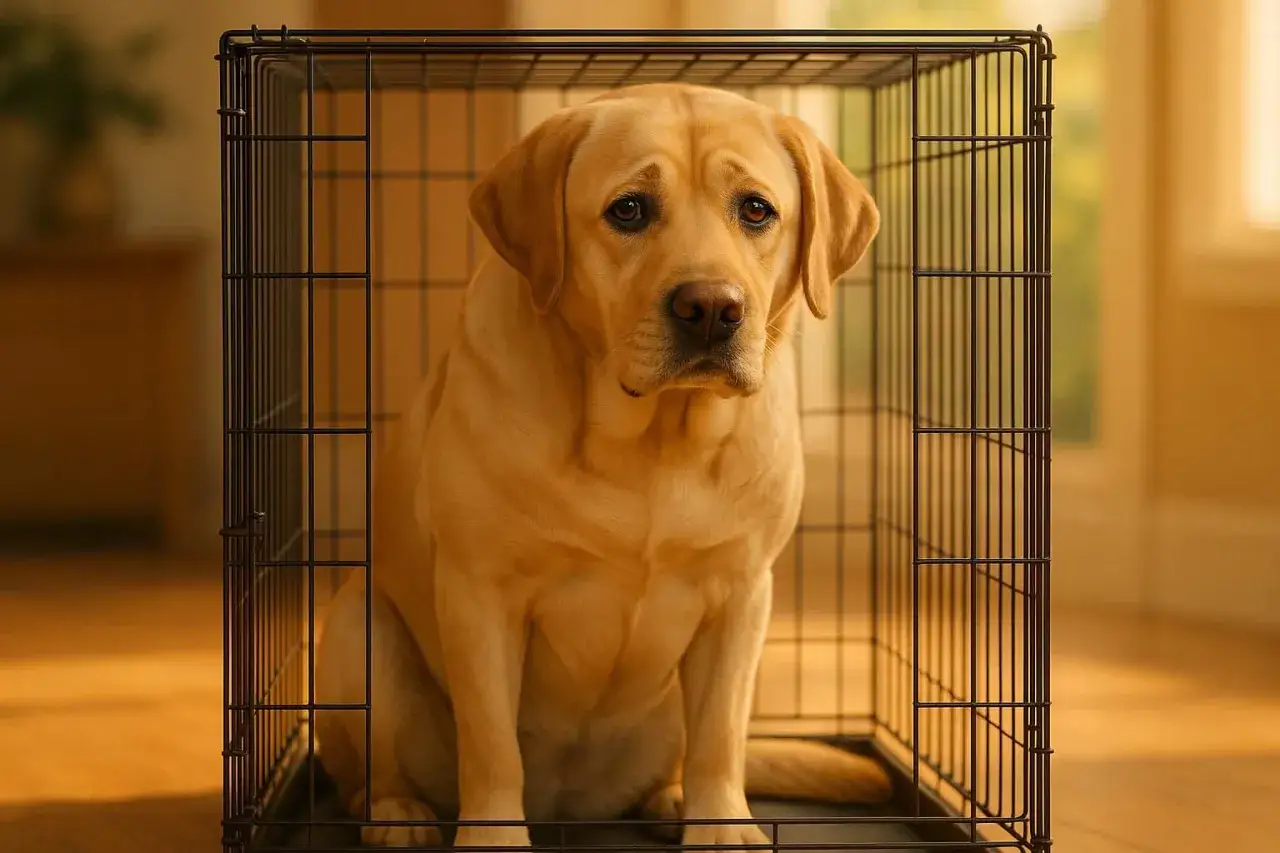 Un labrador blond, l'air un peu triste, est assis dans une cage pour labrador.
