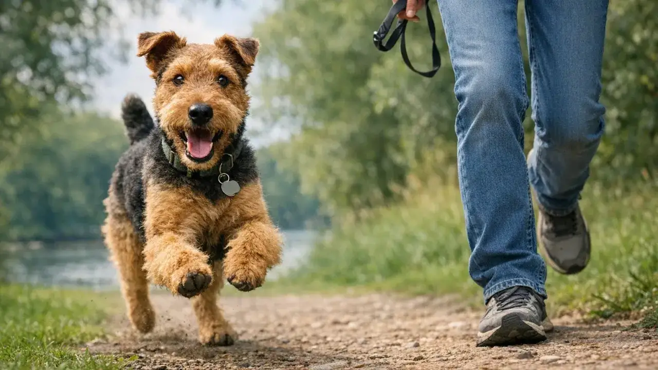 Un joyeux welsh terrier court sur un sentier, sa langue pendante, aux côtés de son propriétaire en jean.