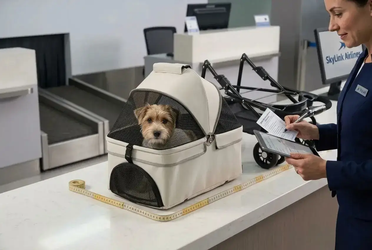 Un adorable chien est prêt pour son voyage en air caraïbes dans son panier. Une hôtesse vérifie les dimensions.