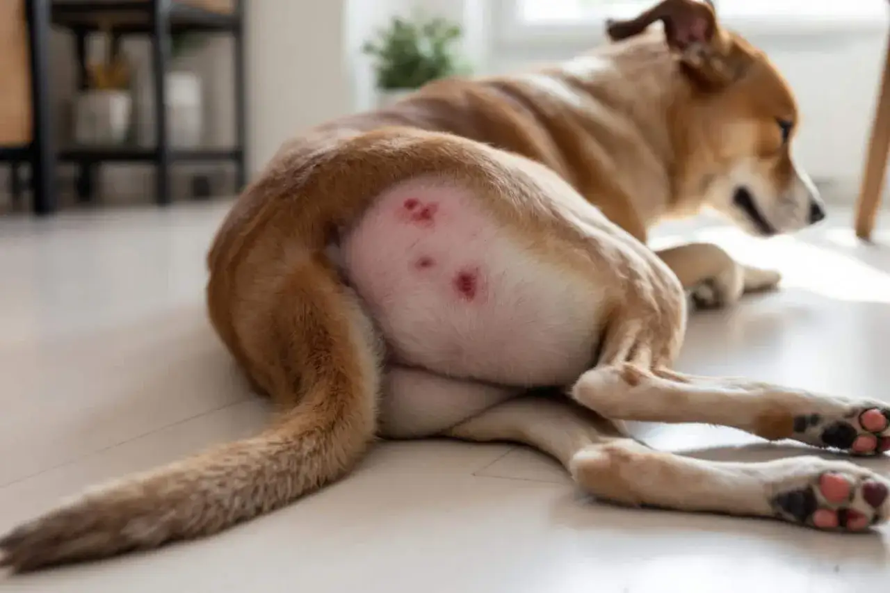 Chienne souffrant de rougeurs sur le ventre, peut-être dues à la chaleur. Une protection est nécessaire.