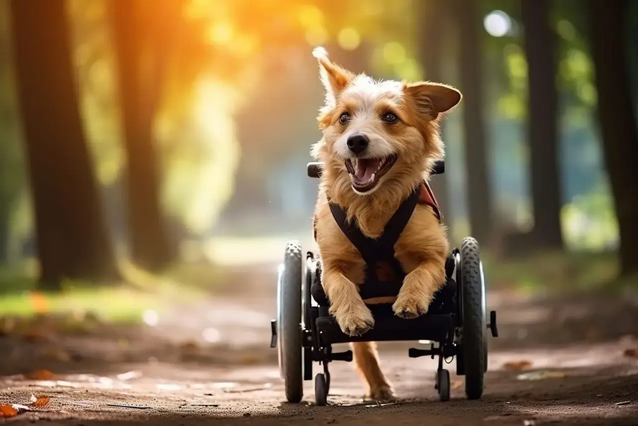 Un joyeux chien handicapé roule en fauteuil roulant dans un parc ensoleillé, profitant de la promenade.
