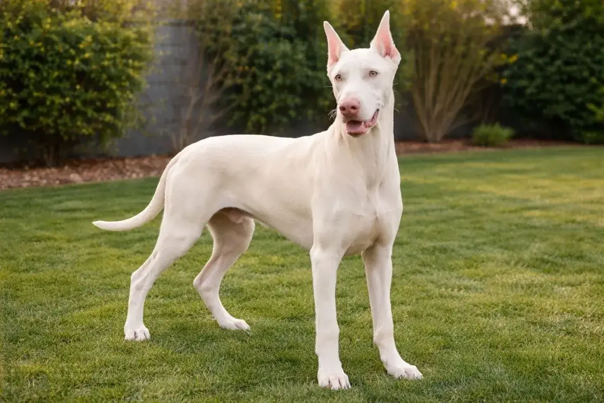 Un magnifique doberman clair, au pelage blanc immaculé, se tient fièrement sur une pelouse verte.
